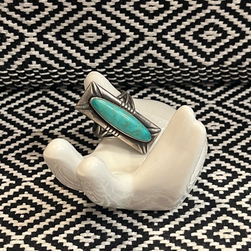 Rectangular Silver And Turquoise Ring - image 1